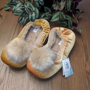 BNWT Old Navy Poof Mustard Yellow Velvet Slippers
